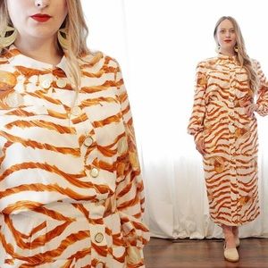 Vintage Valentino Boutique silk shirt dress white brown novelty nautilus shell